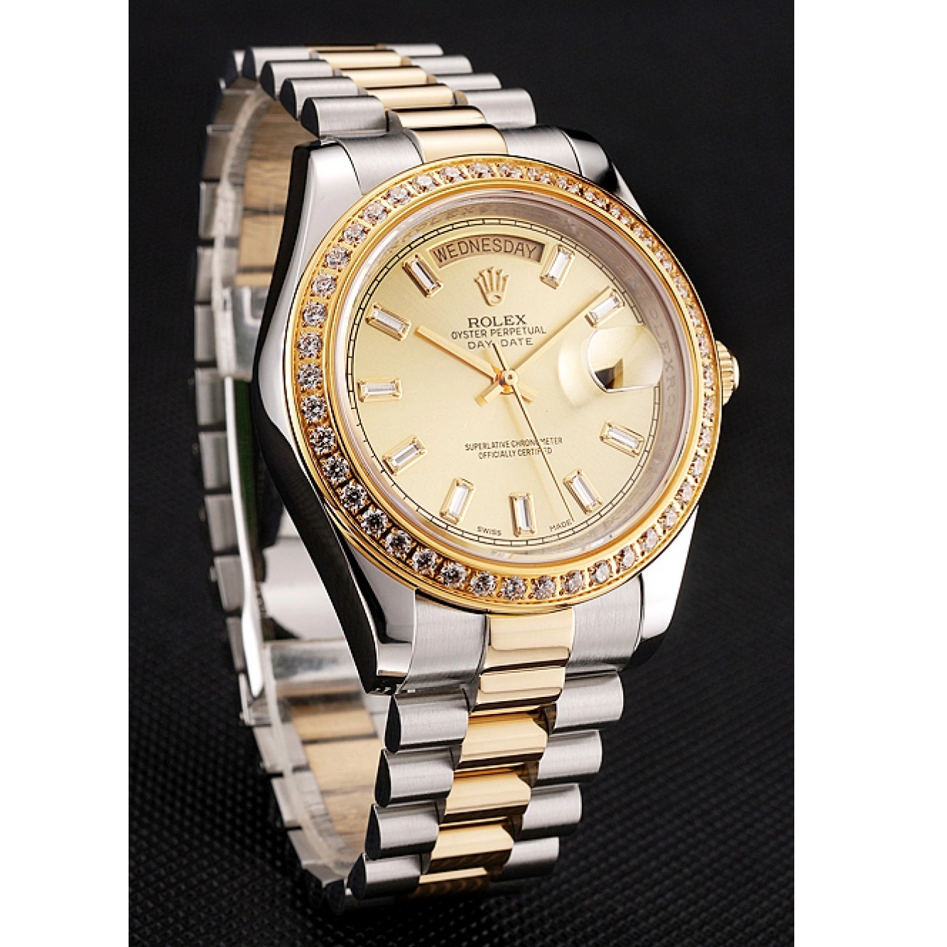 Aaa replica Dial Tone Bracelet Diamond Swiss Bezel Rolex Two Champagne 1454103 Day-Date 0802